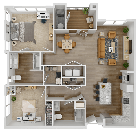 Floor plan for 2 beds, 2 baths, 1165 sqft